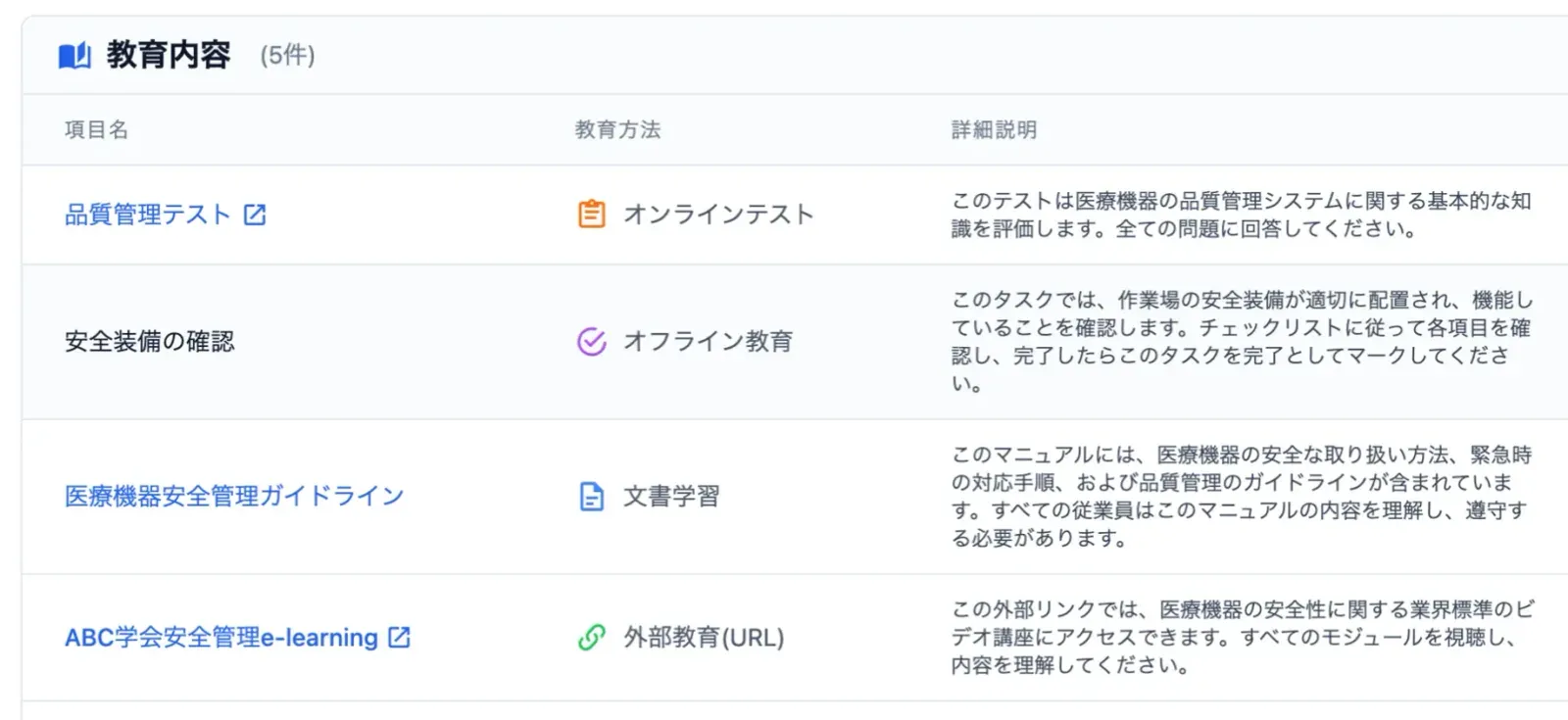 教育訓練管理:教育項目ごとの教育方法(オンラインテスト・文書学習・外部教育など)と詳細を一覧表示する画面
